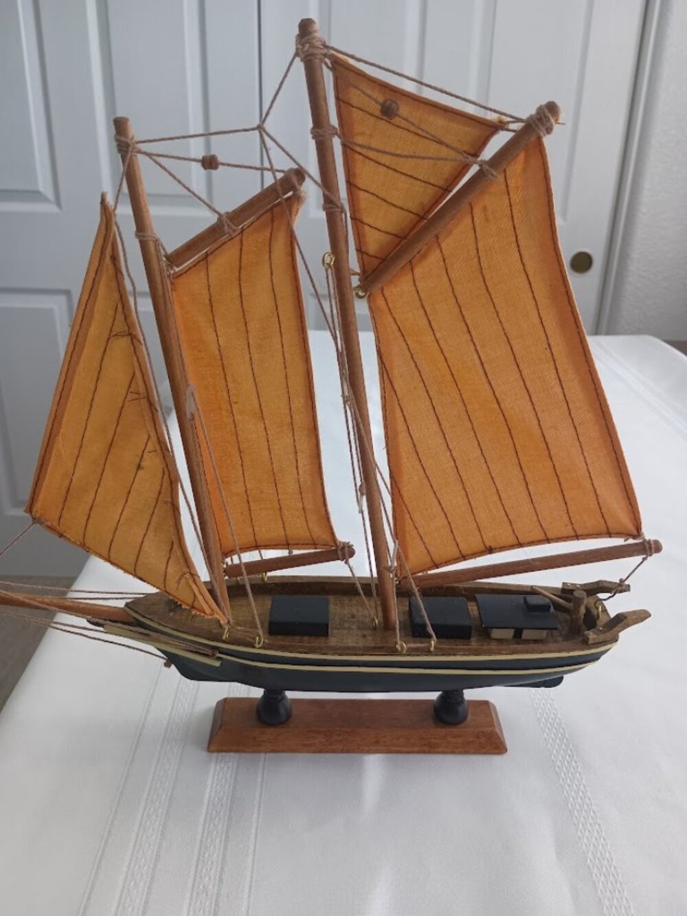 Vintage Wooden Sailboat Model with Fabric Sails